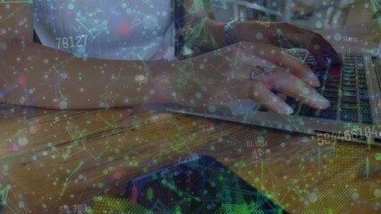 Poster - Animation of plexus networks and multiple changing numbers over mid section of woman using laptop