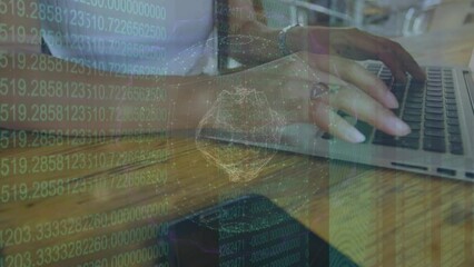 Poster - Animation of globe of network of connections over mid section of woman using laptop