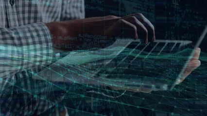 Poster - Animation of data processing and digital waves over mid section of man using laptop at office