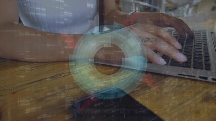 Poster - Animation of round scanner and screens of mosaic squares over mid section of woman using laptop