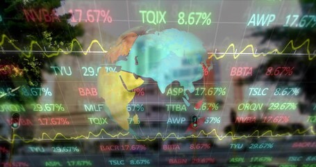 Poster - Animation of statistics and financial data processing over globe and cityscape