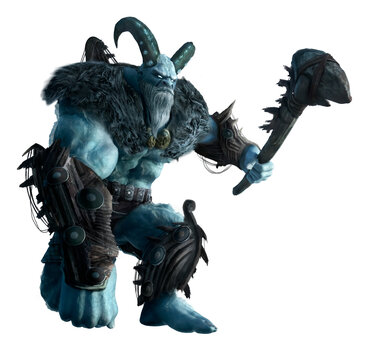 Ancient sea monster with a large stone hammer and fur on his shoulders in full growth without background. A huge muscular giant with a gray beard and horns in wooden ships armor, 3d fantasy character.
