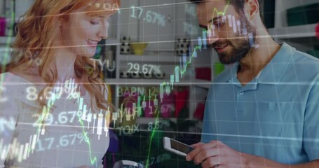 Poster - Animation of financial data processing over caucasian man using his smartphone to make a payment