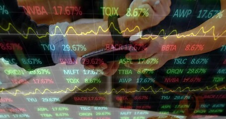 Poster - Animation of stock market data processing over mid section of a man using smartwatch to make payment