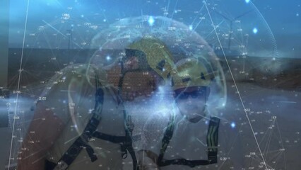Poster - Animation of light trails over globe against two diverse male engineers working outdoors