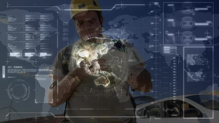 Poster - Animation of interface with data processing against caucasian male engineer using digital tablet