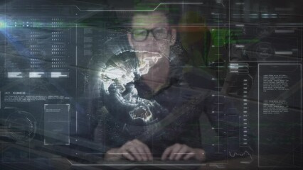 Poster - Animation of interface with data processing over caucasian man using computer against solar panels