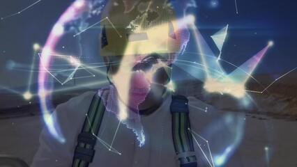 Poster - Animation of globe of plexus network over cupped hands against biracial male windmill engineer