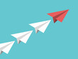 Isometric unique red leader paper plane leading row of others. Leadership, courage, management, motivation and inspiration concept. Flat design. EPS 8 vector illustration, no transparency