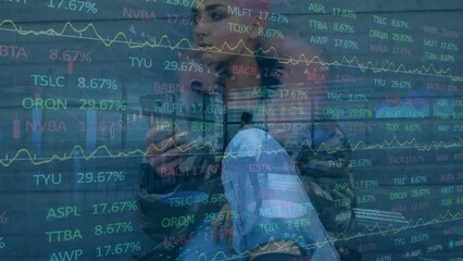 Poster - Animation of stock market data processing over woman using smartphone against businessman