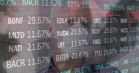 Poster - Animation of financial data processing over man wearing face mask