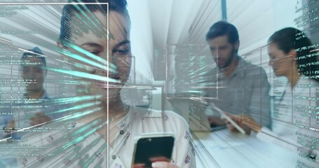 Poster - Animation of data processing over businesswoman using smartphone