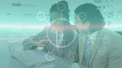 Poster - Animation of data processing over globe and diverse business people talking in office