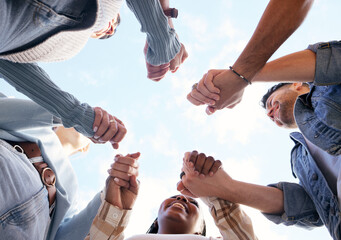 Wall Mural - Support, teamwork or students holding hands with goals, educational community or hope for future success. University, team building or happy friends in partnership or college with a mission or vision