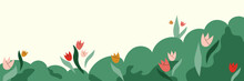 Nature Background With Wild Tulip Flowers, Grass. Cute Garden Horizontal Banner. Decorative Spring Meadow Blloms Border. Cartoon Flat Vector Illustration