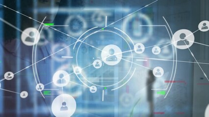 Poster - Animation of connected icons and circles over smiling caucasian woman using laptop in office