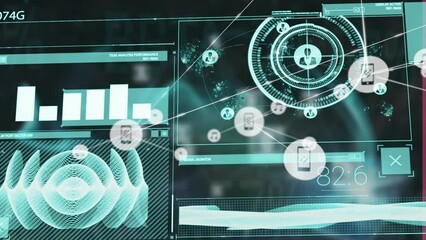 Poster - Animation of connected icons, soundwave, graph, numbers and map against black background