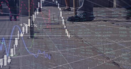 Poster - Animation of financial data processing over people walking on street