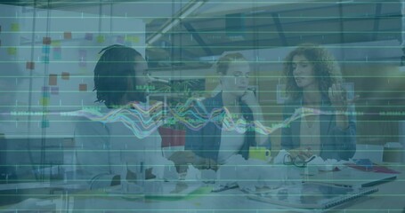 Poster - Animation of data processing over diverse stressed colleagues discussing together at office