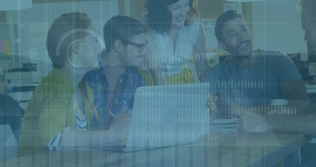 Poster - Animation of interface with data processing over diverse colleagues discussing together at office