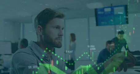 Poster - Animation of financial data processing over caucasian man talking on phone at office