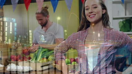 Poster - Animation of financial data processing and statistics over woman in shop