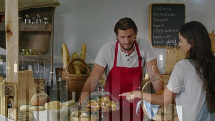 Poster - Animation of financial data processing and statistics over man and woman in shop