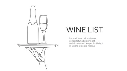 Drinks menu. Continuous line vector illustration of hand holding dish with champagne with wine glass. Vector illustration. Illustration with quote template. Can used for Drinks menu restaurant sketch.