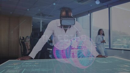 Poster - Animation of network of connections over african american businessman wearing vr headset at office