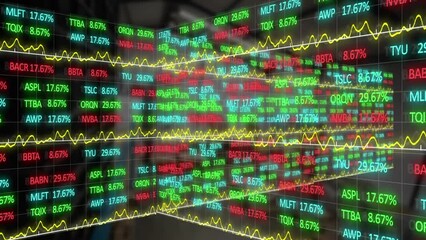 Poster - Animation of stock market processing against empty warehouse