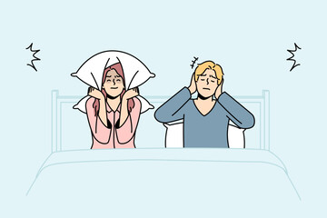 Wall Mural - Unhappy couple in bed suffer from excessive noise unable to sleep. Upset distressed man and woman struggle with noisy neighbors. Vector illustration. 