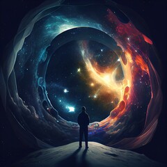 Wall Mural - a man stand in front of the universe Generative AI