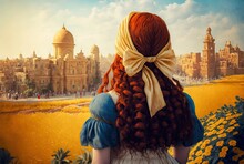Illustration Of Beautiful Woman Wearing Hair Braid With Bow And Flower With Nature And Ancient Castle As Background