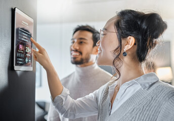 Fototapete - Smart home technology, wall system and couple with digital dashboard for air conditioning, safety security network or house automation. App software, ui panel and Asian people programming IOT monitor