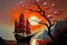 Illustration Of Ancient Frigate Ship With Sakura Flowers Blossom In Spring Time Against Sunlight 