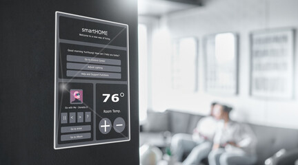 Fototapete - Smart home technology, wall system and digital dashboard monitor for house automation, air conditioning or safety security network. IOT app software, ui music panel and couple relax on apartment sofa
