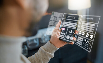 Poster - Smart home technology, phone hologram or man programming air conditioning, safety security network or house automation dashboard. Software system hud, virtual ui screen or person with digital IOT app