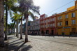 Plac na starym mieście w Santa Cruz de Tenerife z palmami, torami i trakcją linii tramwajowej.