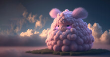 Adorable Fluffy Pink Bunny Made Of Fluffy Pink Cotton Balls, On A Patch Of Green Grass With Clouds In The Background.