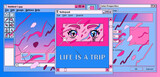 Fototapeta Panele - Screenshot concept with open tabs and a video player that shows anime. Vector illustration in collage vaporwave style.