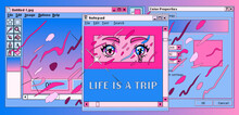 Screenshot Concept With Open Tabs And A Video Player That Shows Anime. Vector Illustration In Collage Vaporwave Style.