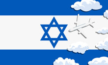 Israel Travel Concept. Airplane With Clouds On The Background Of The Flag Of Israel. Vector Illustration