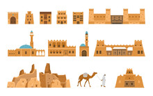 Saudi Arabia Authentic Architecture Vector Illlustrations Set. Traditional Ancient Arabian Houses, Village, Gates, Mosque, Beduin With Camel.