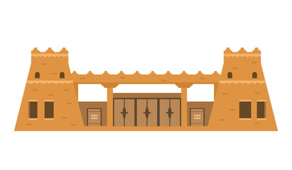 Wall Mural - Arabian castle wall with gates and towers. Middle east architecture element. Ancient gates. Flat vector illustration isolated on white.