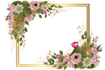 Wall Mural - Golden frame with spring flowers isolated on transparent background