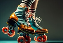 Close Up Of A Womans Feet Wearing Bright Retro Roller Skates. Generative Ai
