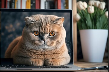 Wall Mural - Dissatisfied cat lays down on the keyboard of an ultrabook and forbids its owner to work, demanding attention, created with Generative AI technology. Close-up.