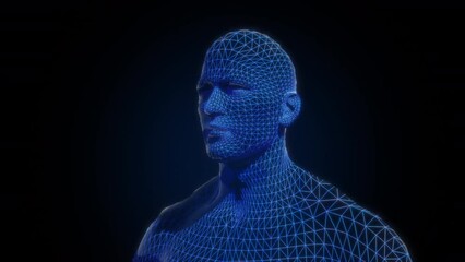 Futuristic lowpoly wireframe male. Seamless animation. Digital dynamic  particles. Abstract blue futuristic background.
