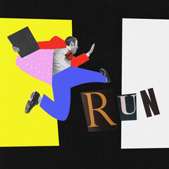 Wall Mural - To meet a deadline. Man running away. Conceptual contemporary surreal art collage. Vivid colors. Business, success, personal growth and achievement concept