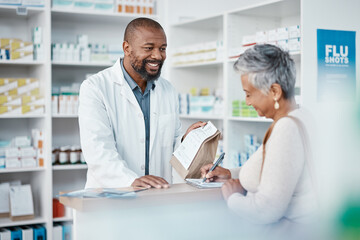 Poster - Healthcare, pharmacist and woman at counter with medicine or prescription drugs sales at drug store. Health, wellness and medical insurance, black man and customer at pharmacy for advice and pills.